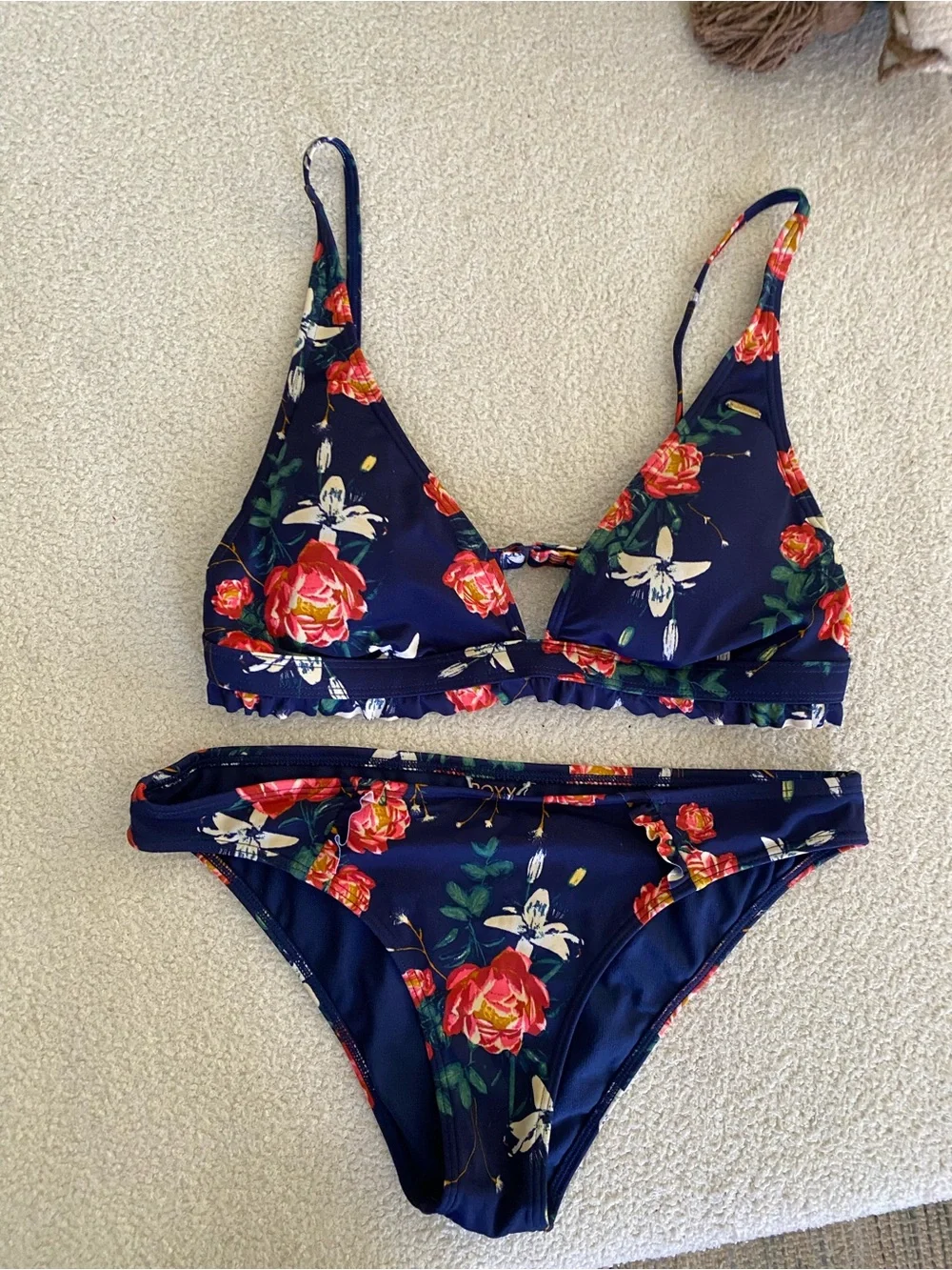 Roxy Navy Floral beach Bikini with Pink and Yellow Accents